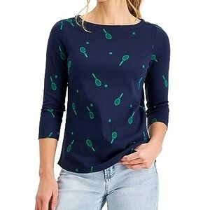 Charter Club Pima Cotton Tennis Print Boat Neck Top Size Small NWT
